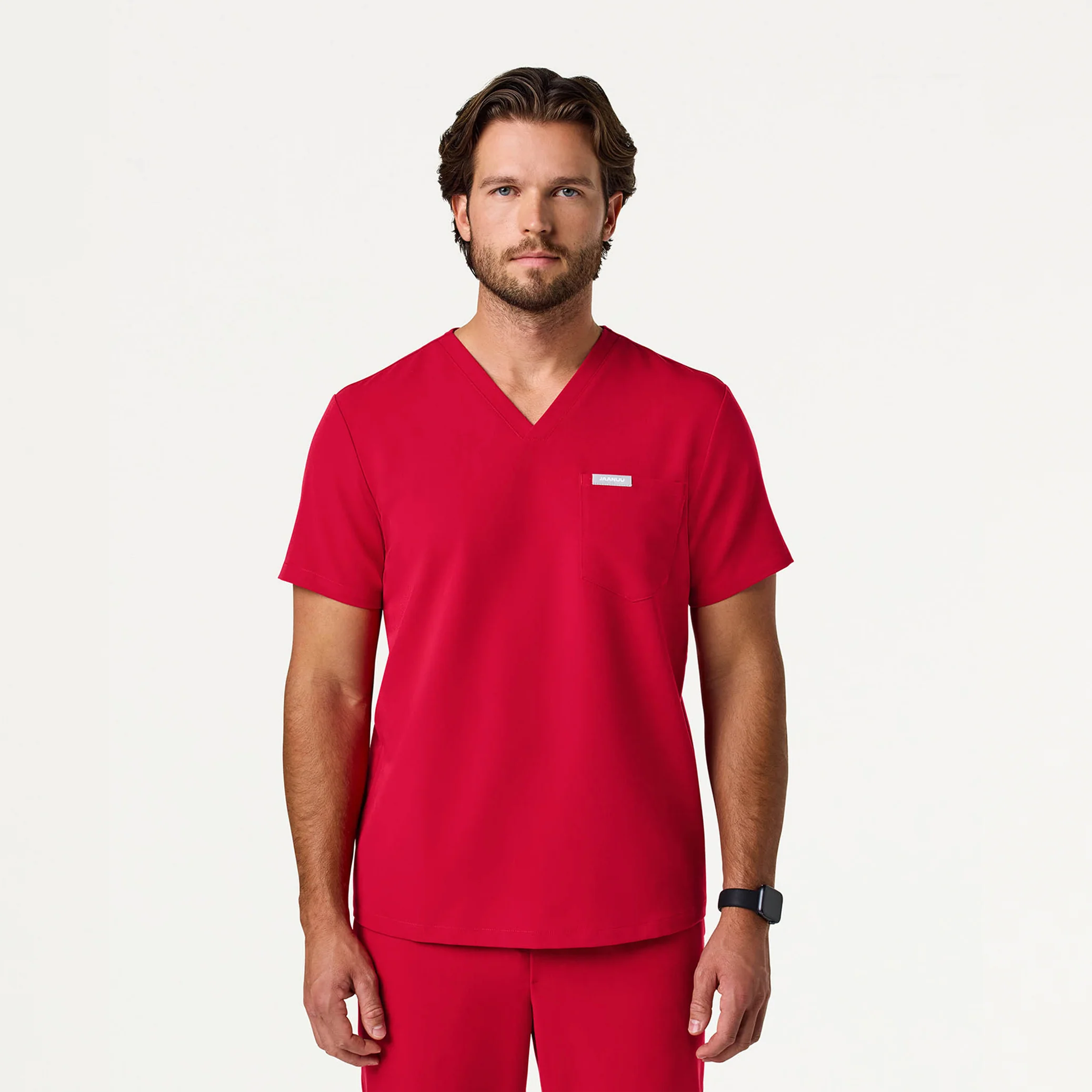Jaanuu UltraLAST™ Essential Performance Men's 5-Pocket Scrub Set - Red - Image 2