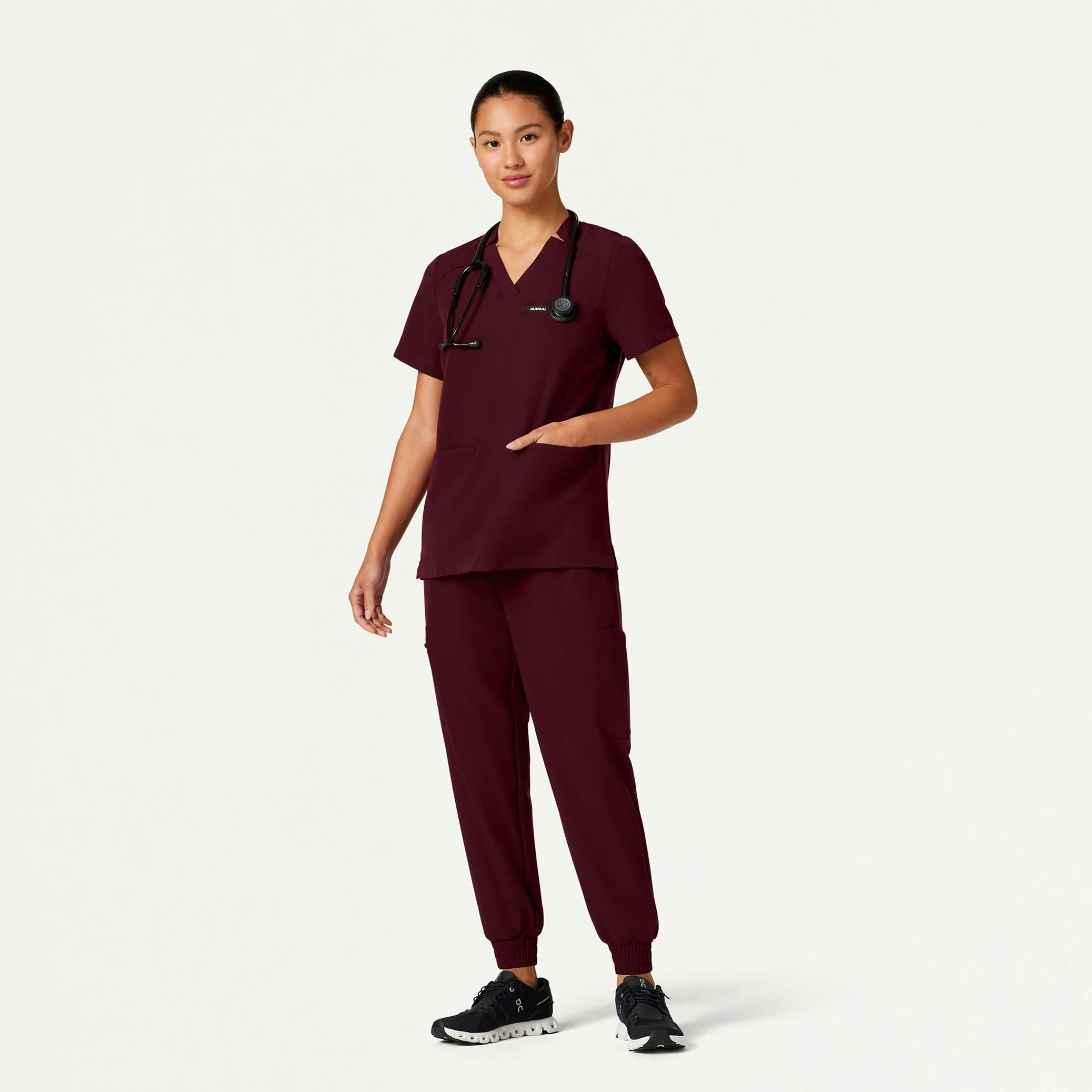 Helia Notched V-Neck Scrub Top - Burgundy - Image 3