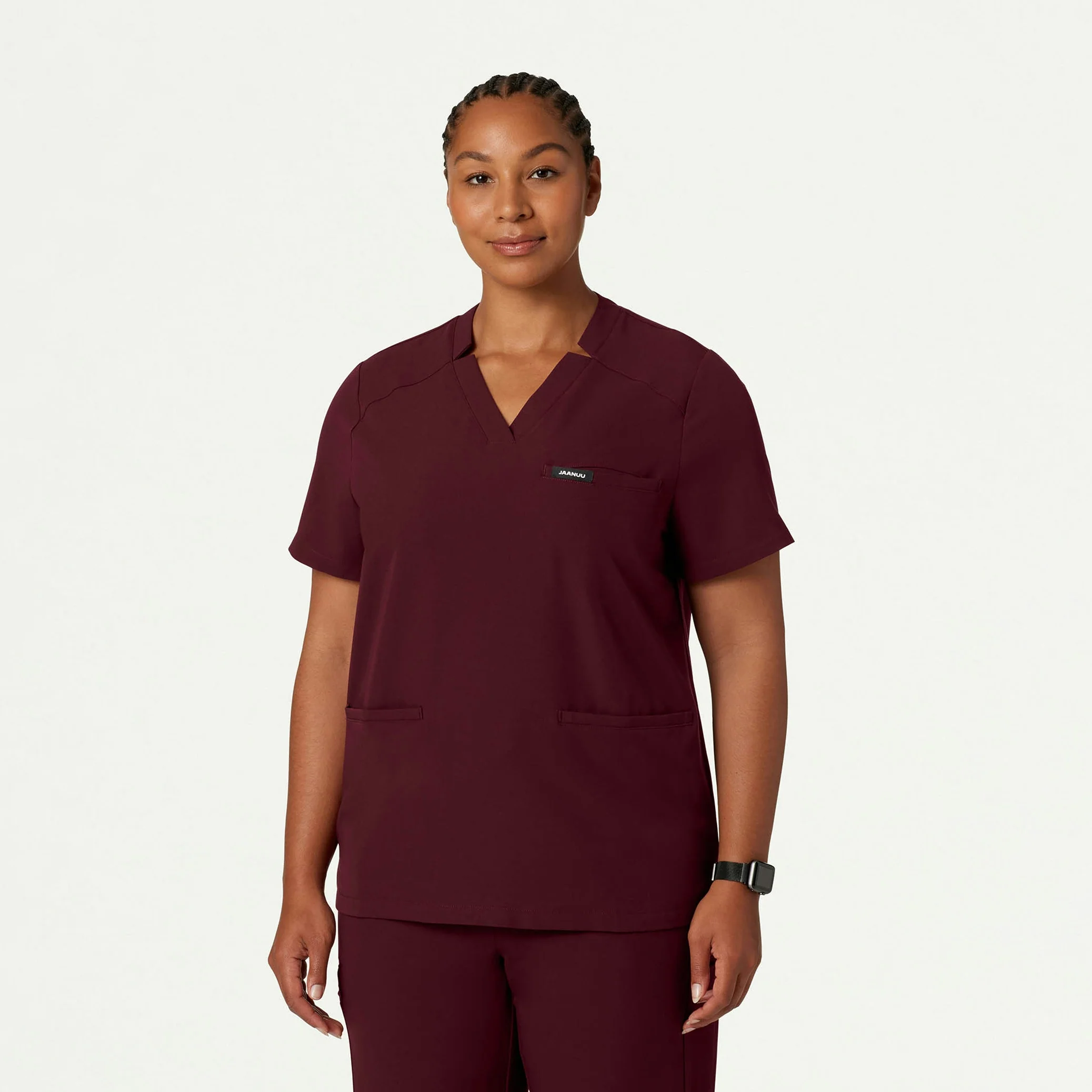Helia Notched V-Neck Scrub Top - Burgundy - Image 5