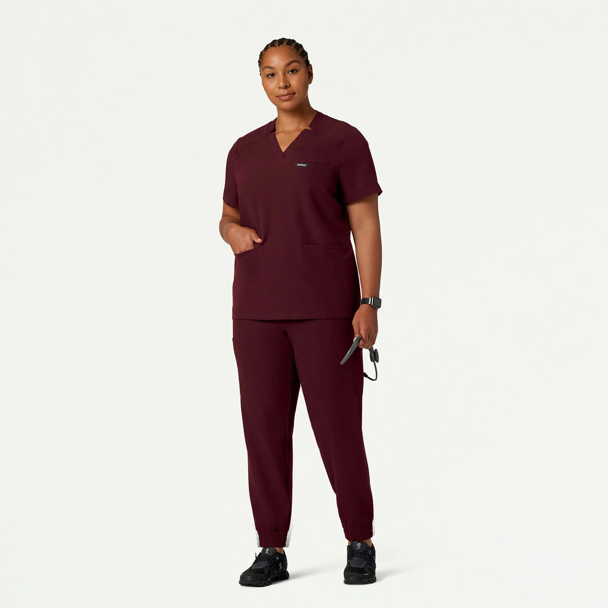 Helia Notched V-Neck Scrub Top - Burgundy - Image 6