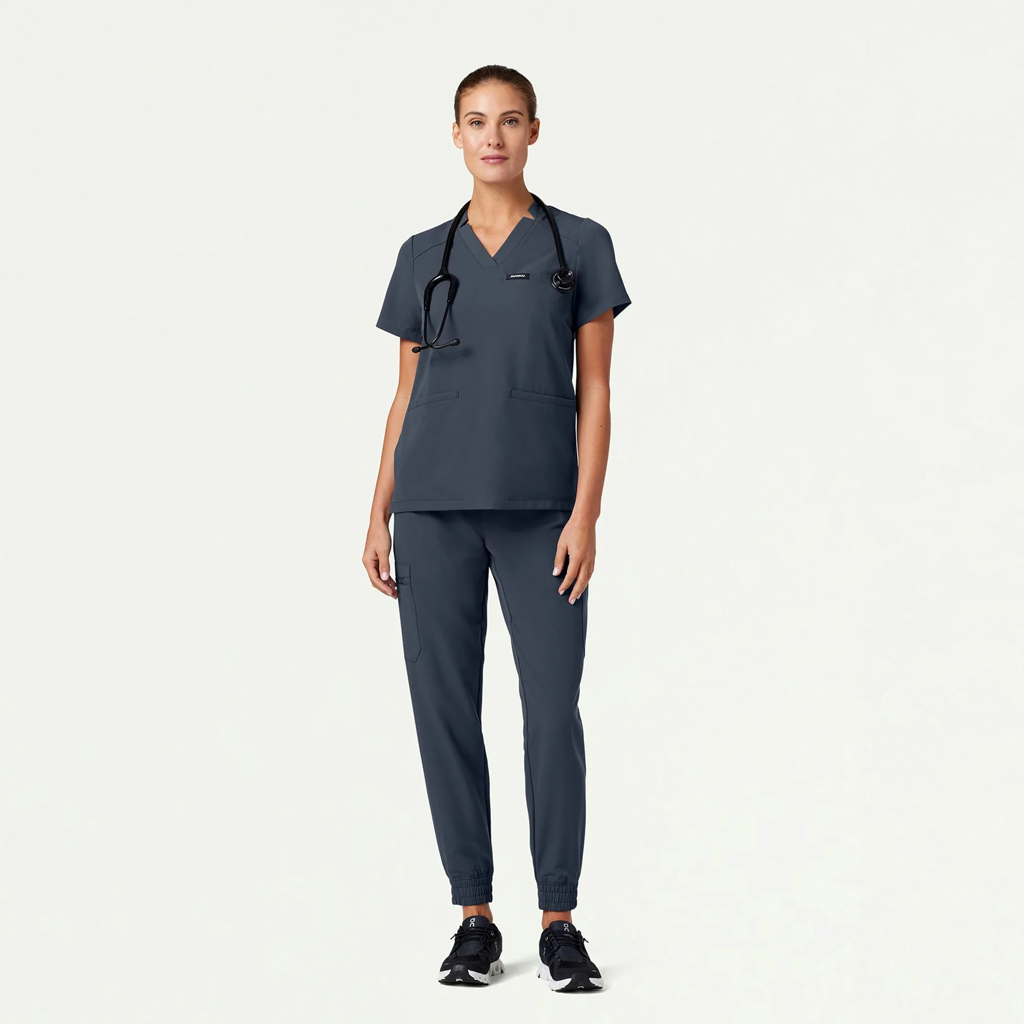 Helia Notched V-Neck Scrub Top - Carbon Gray - Image 3