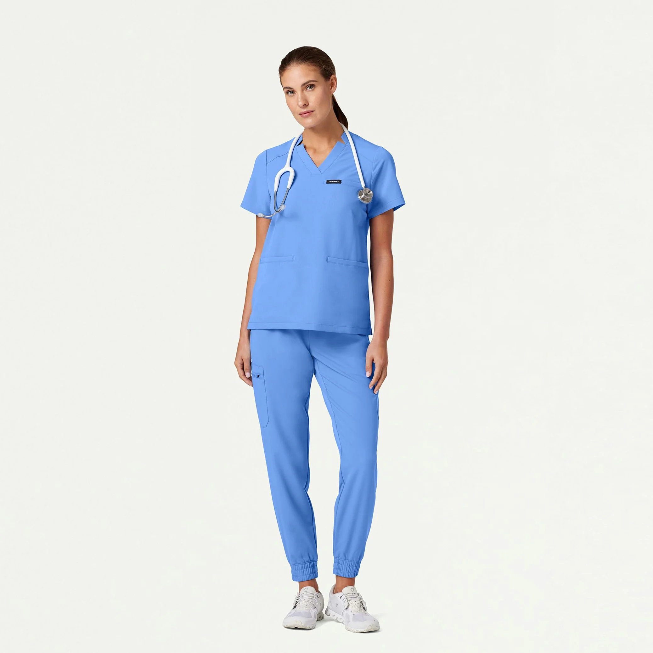 Helia Notched V-Neck Scrub Top - Ceil Blue - Image 3
