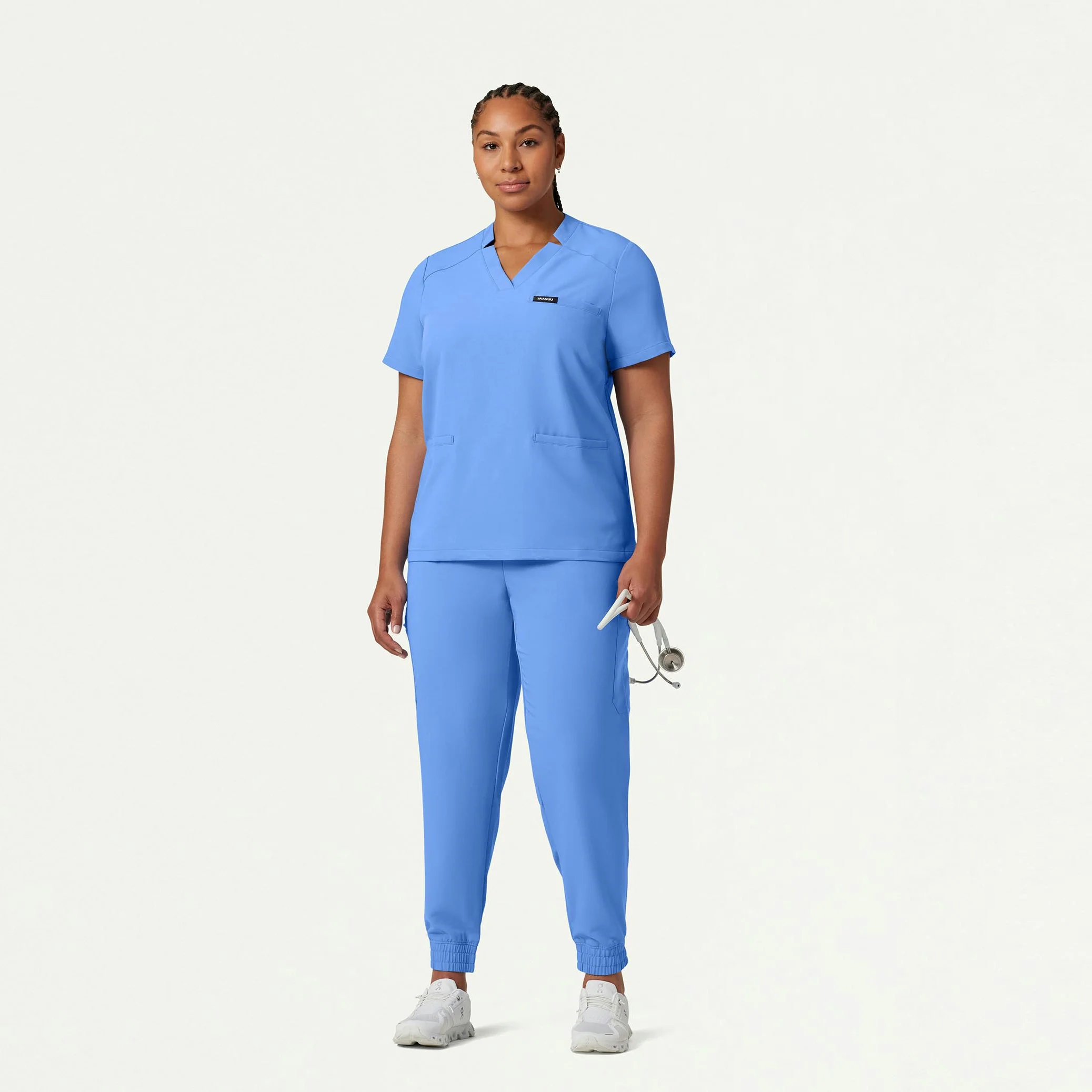 Helia Notched V-Neck Scrub Top - Ceil Blue - Image 6