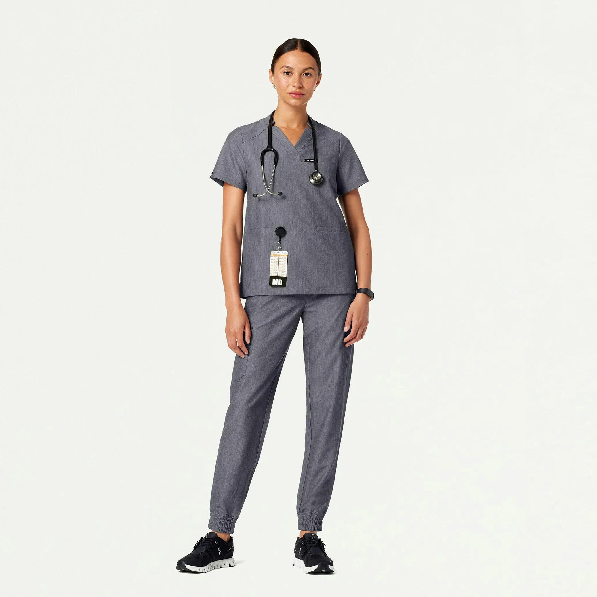 Helia Notched V-Neck Scrub Top - Heather Gray - Image 3