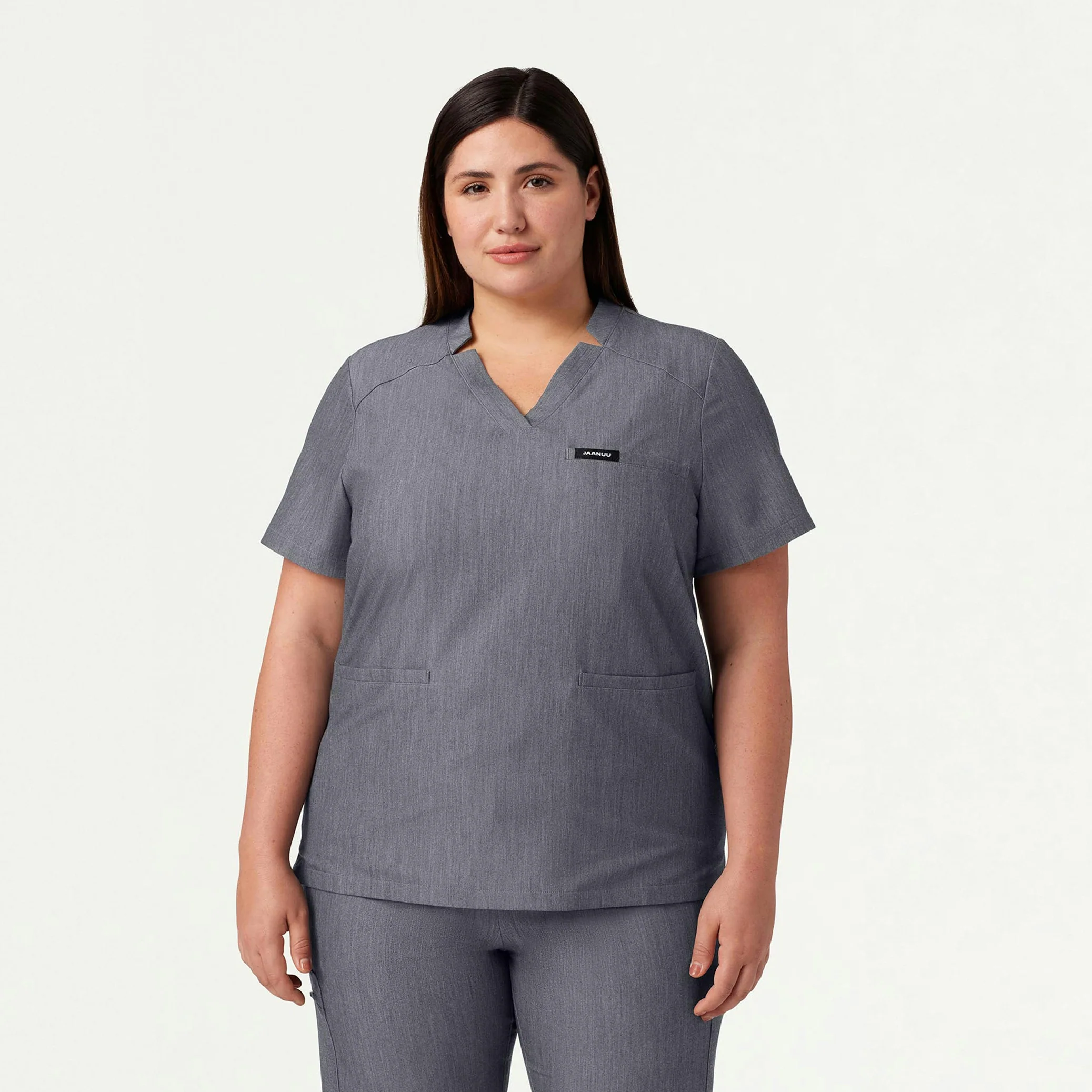 Helia Notched V-Neck Scrub Top - Heather Gray - Image 5