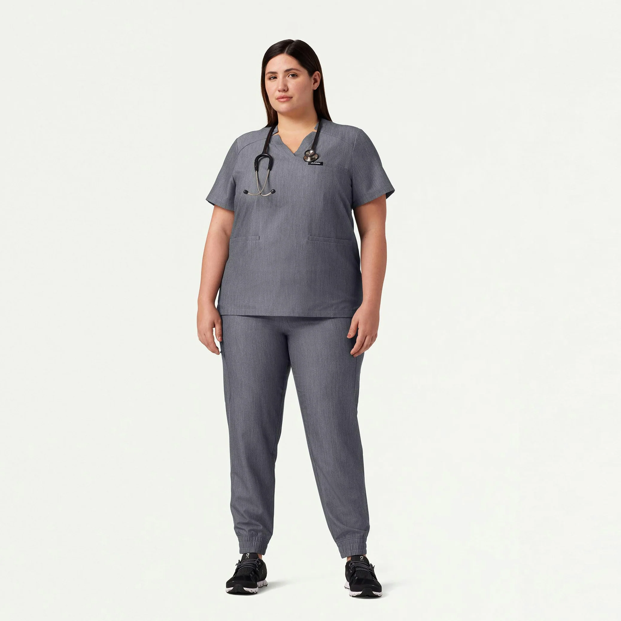 Helia Notched V-Neck Scrub Top - Heather Gray - Image 6