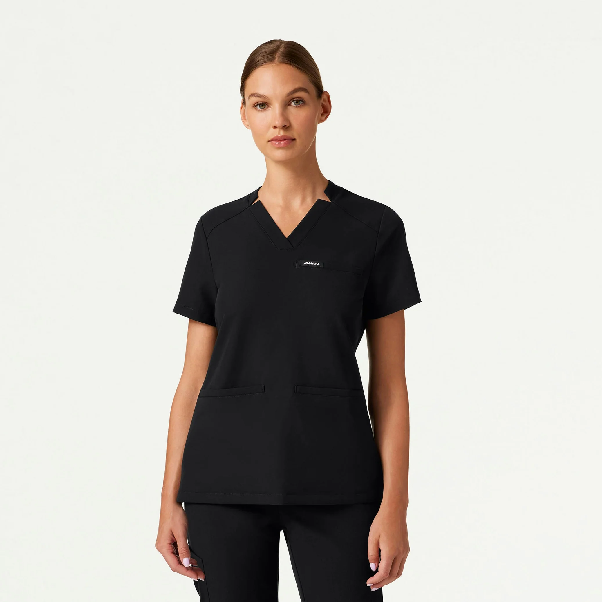 Helia Slim Notched V-Neck Scrub Top - Black