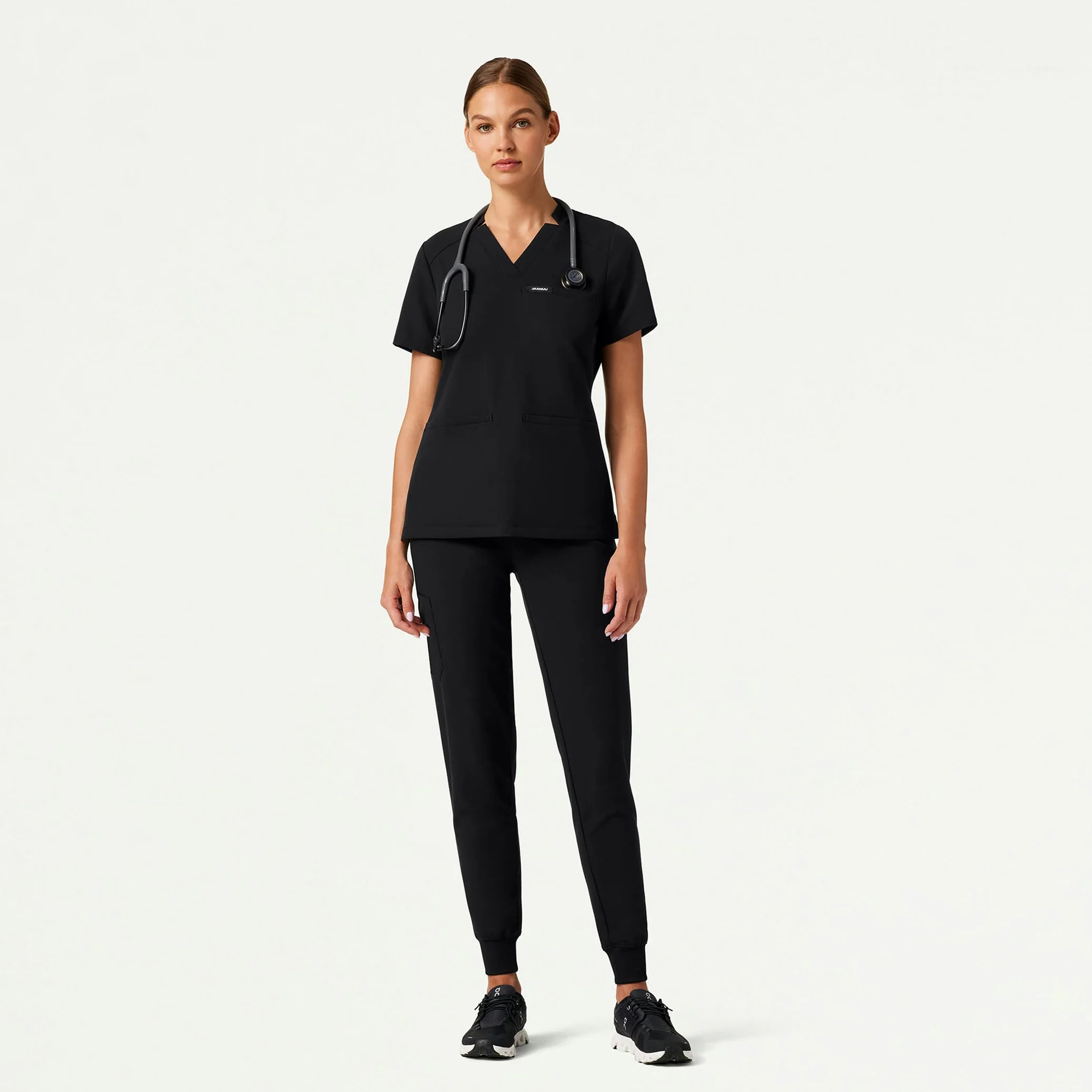 Helia Slim Notched V-Neck Scrub Top - Black - Image 2