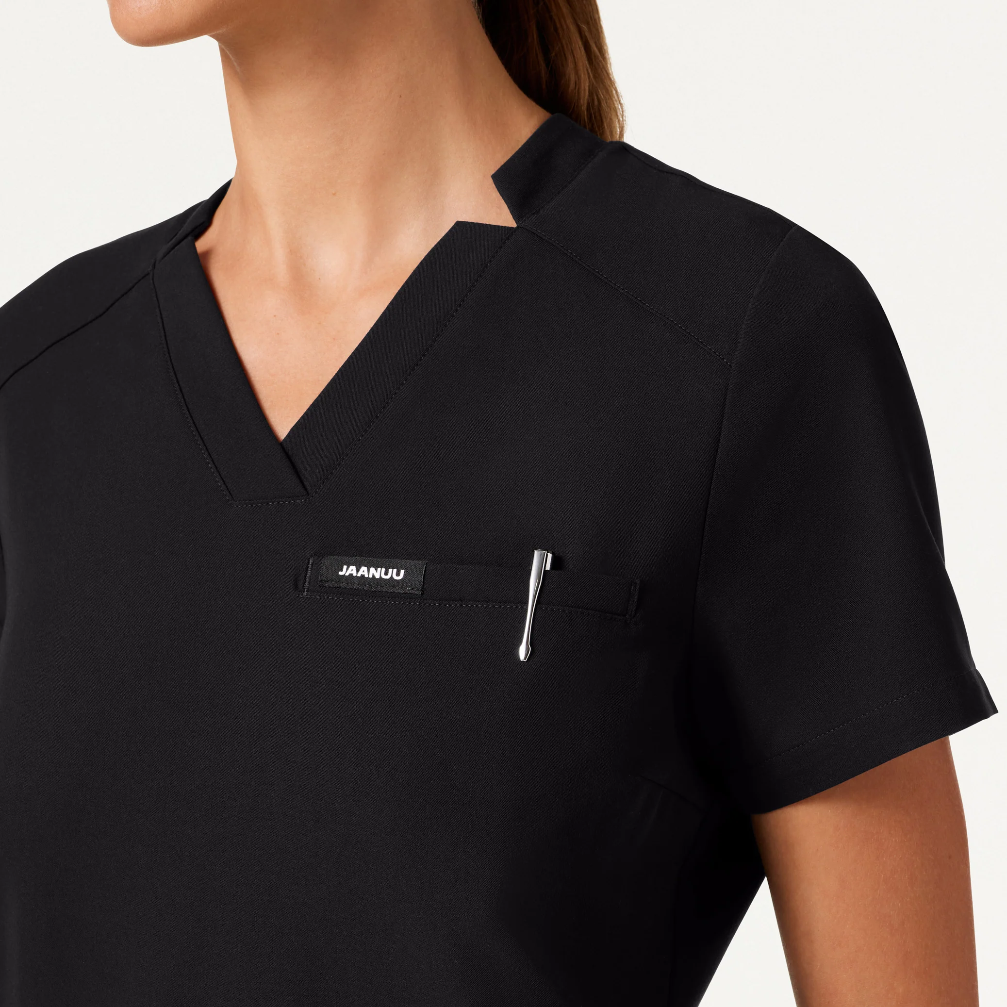 Helia Slim Notched V-Neck Scrub Top - Black - Image 4
