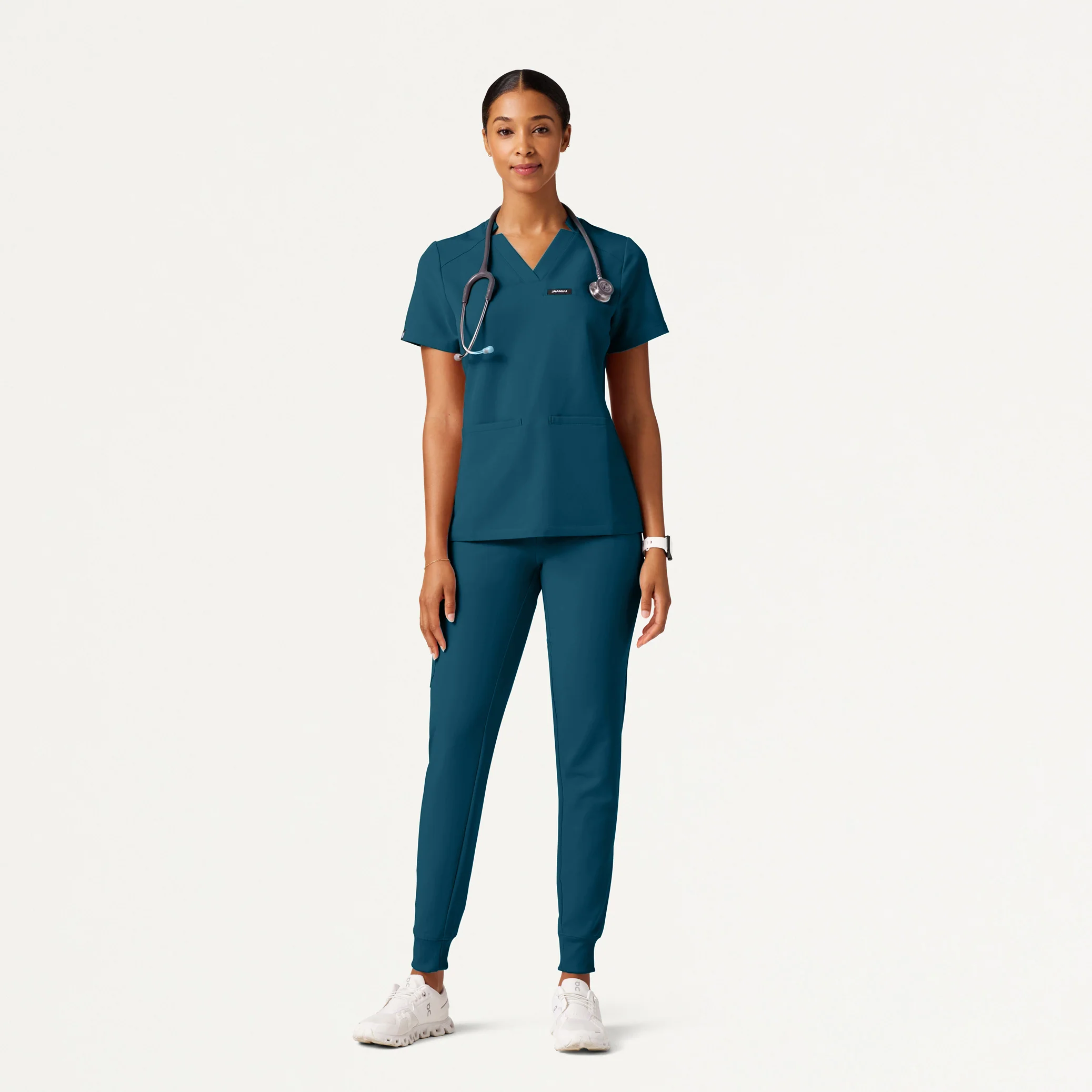 Helia Slim Notched V-Neck Scrub Top - Caribbean Blue - Image 3