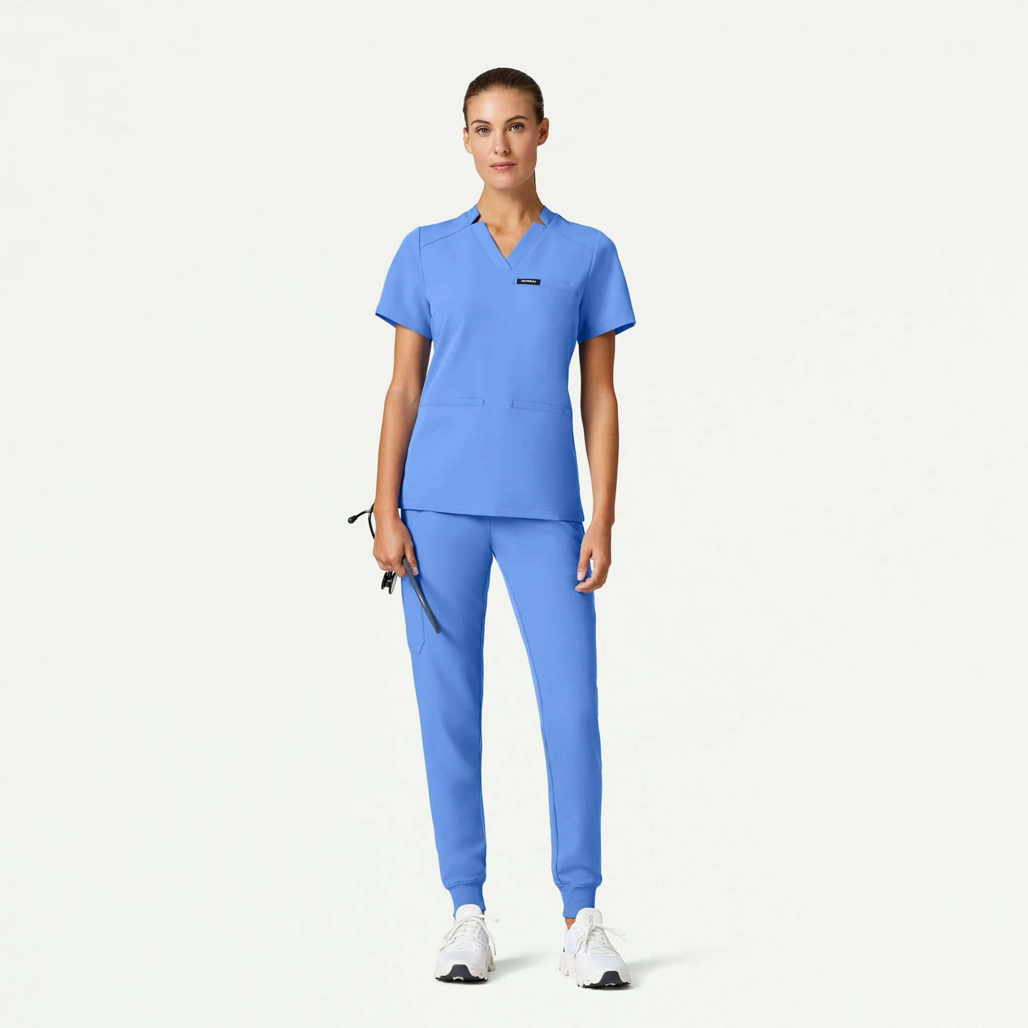 Helia Slim Notched V-Neck Scrub Top - Ceil Blue - Image 2