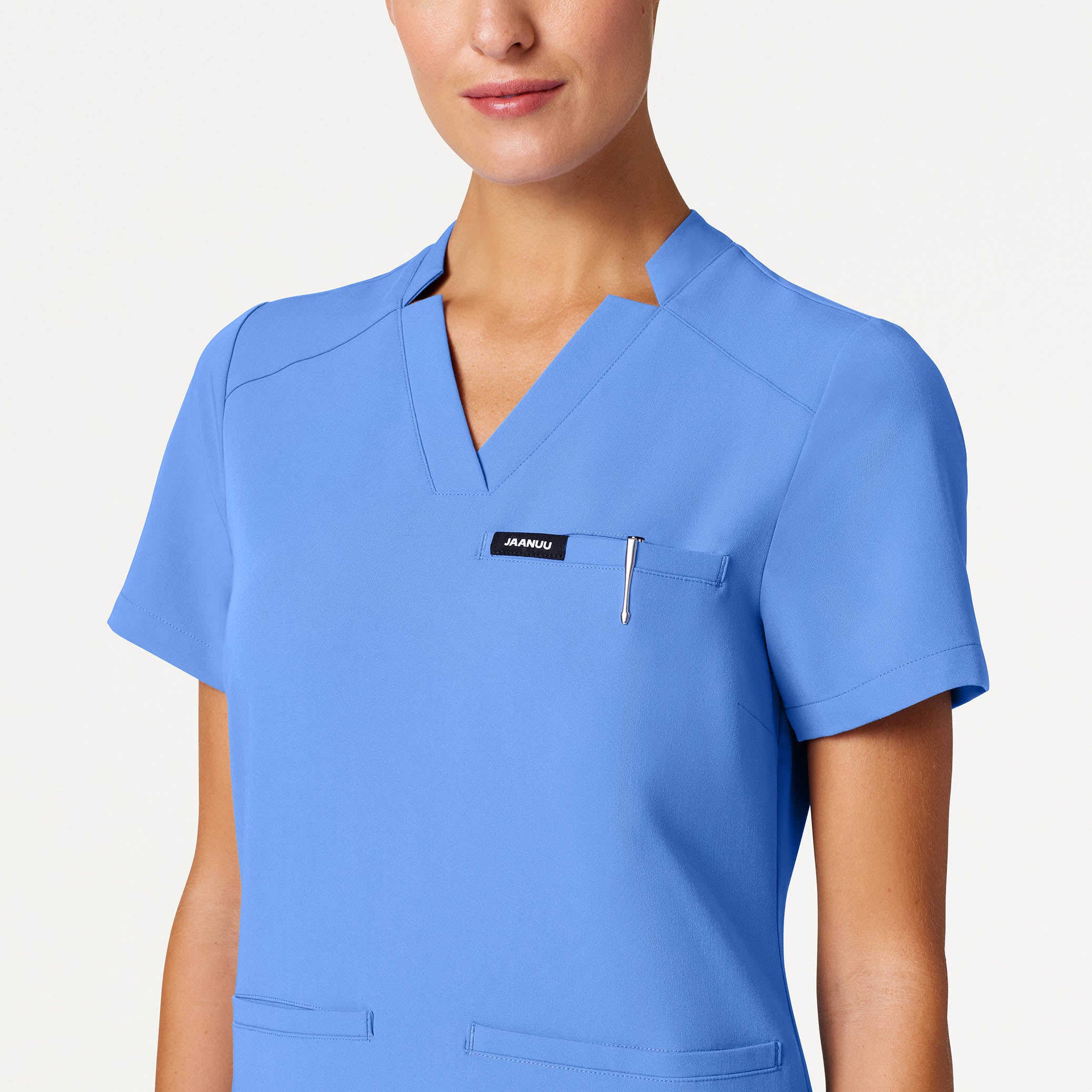 Helia Slim Notched V-Neck Scrub Top - Ceil Blue - Image 4