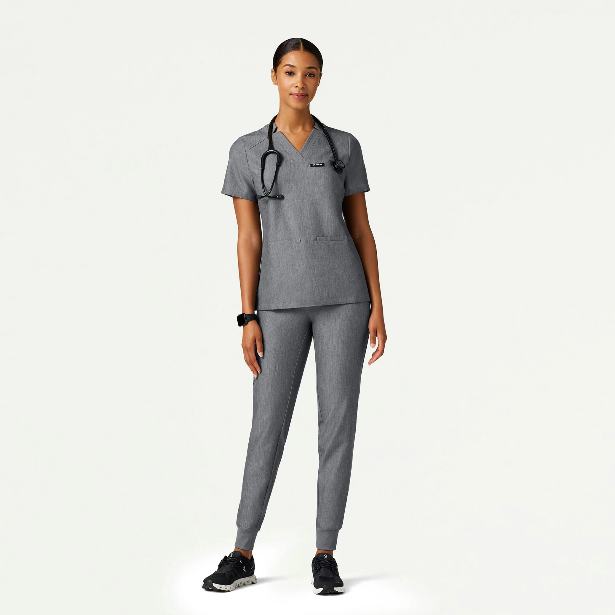 Helia Slim Notched V-Neck Scrub Top - Heather Gray - Image 3
