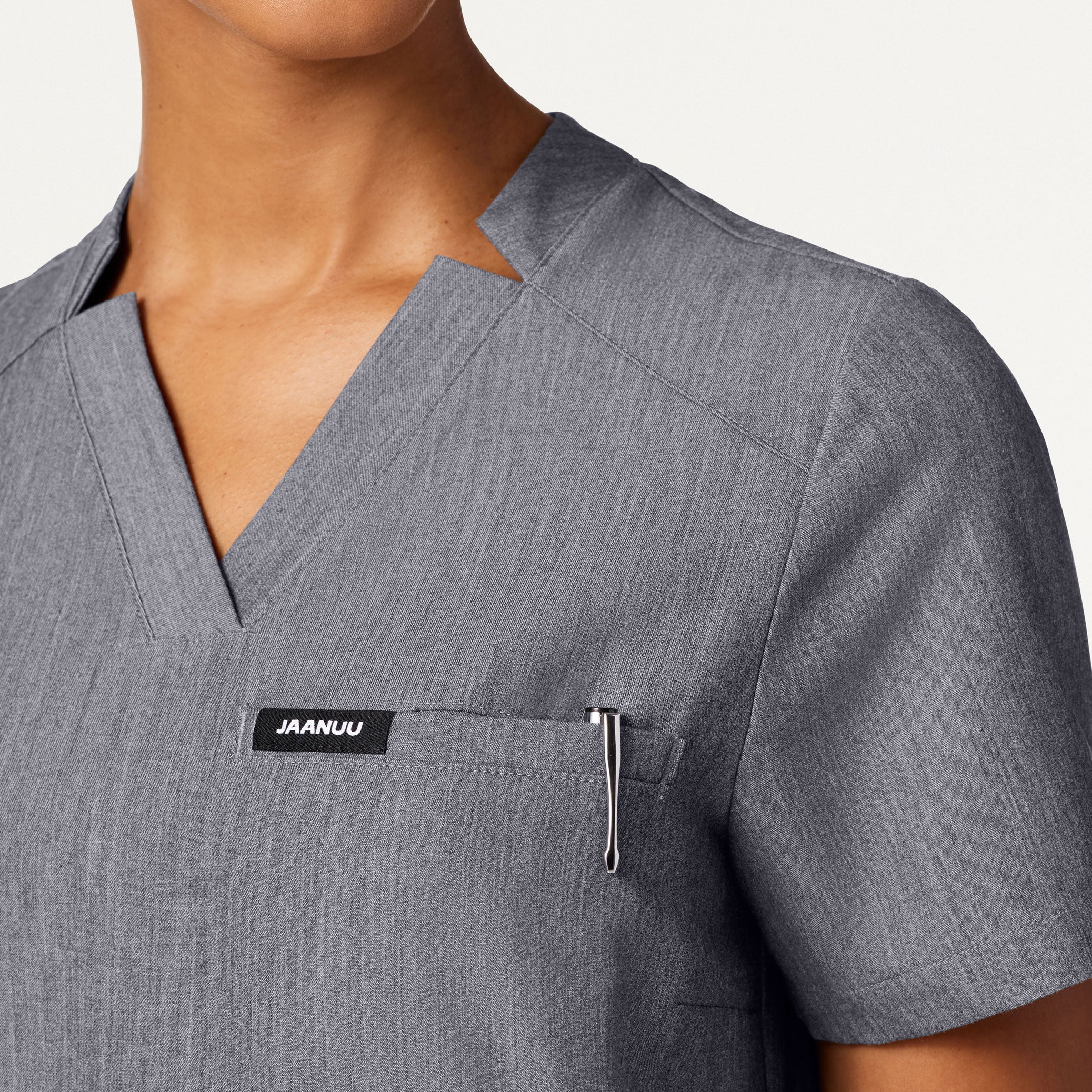 Helia Slim Notched V-Neck Scrub Top - Heather Gray - Image 5