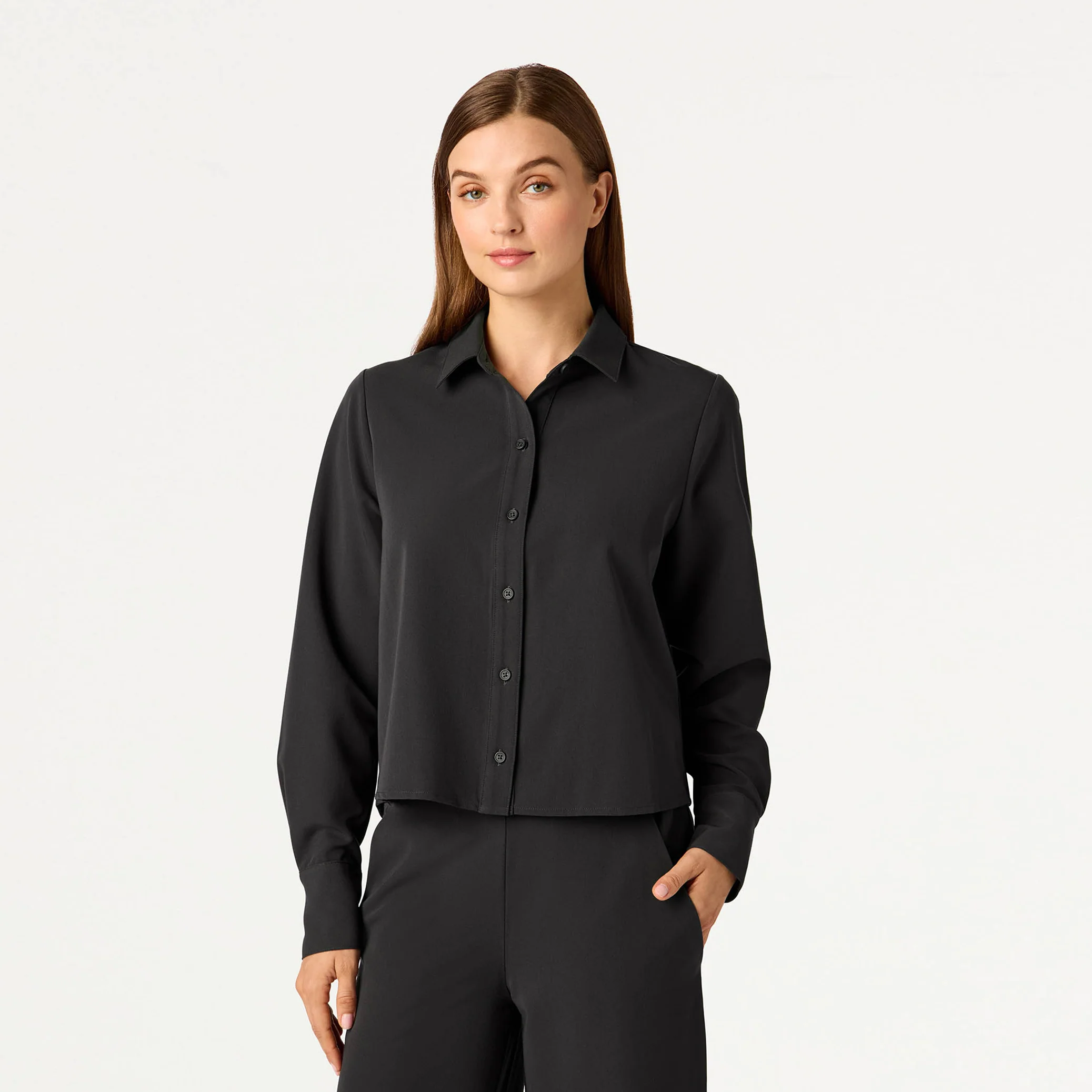 Kenna Cropped Button-Up Scrub Shirt - Charcoal - Image 2