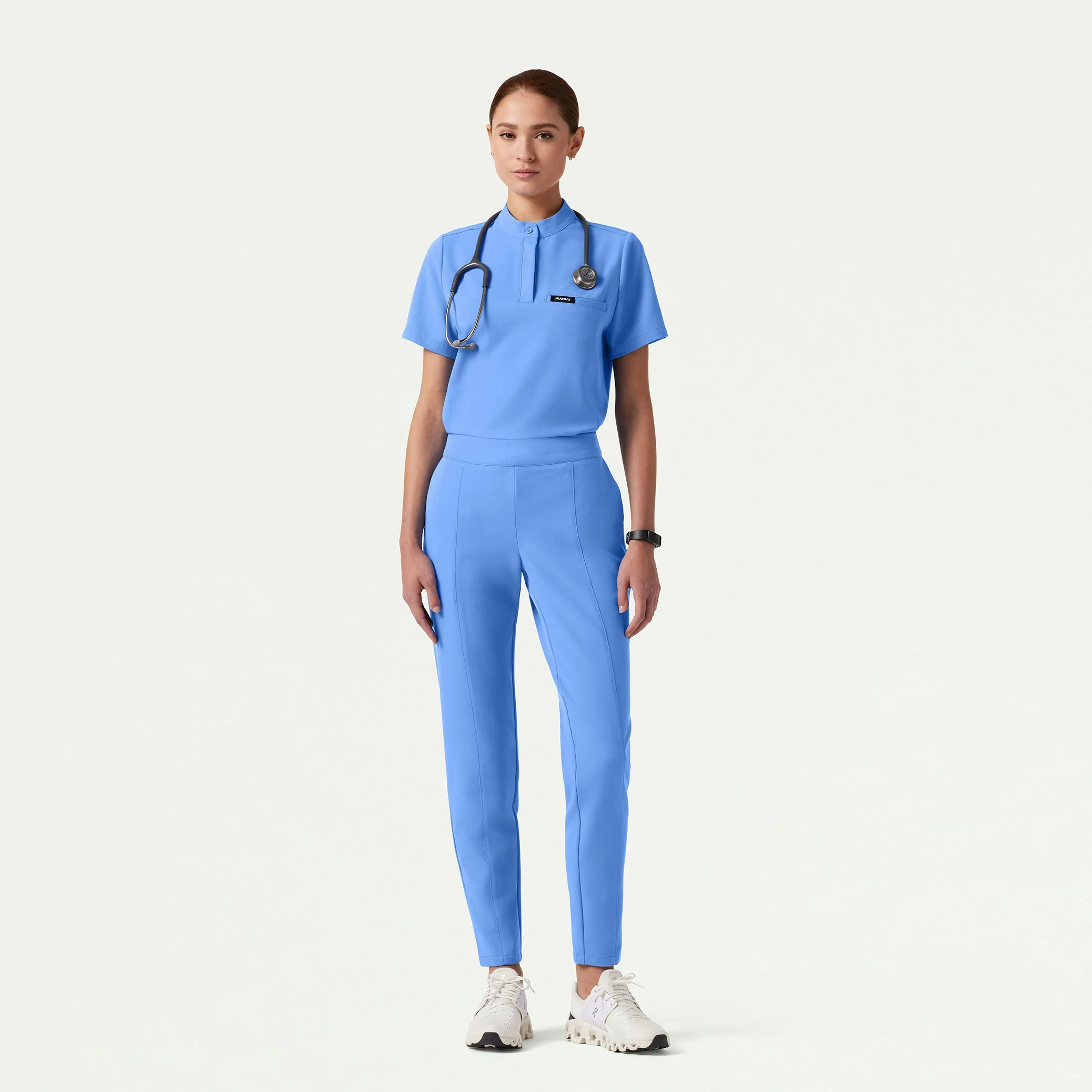 Savi Tuck-In Stand-Collar Scrub Top - Ceil Blue - Image 2