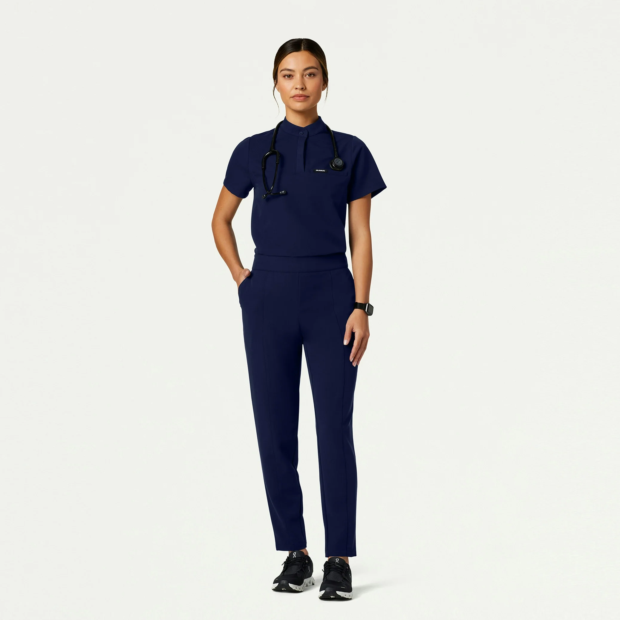 Savi Tuck-In Stand-Collar Scrub Top - Midnight Navy - Image 2